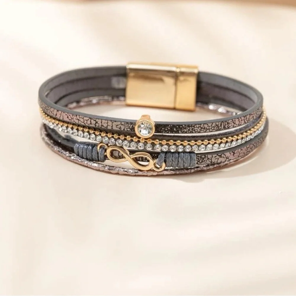 Infinity Leather and Rhinestone Magnetic Bracelet - Picture 2 of 4